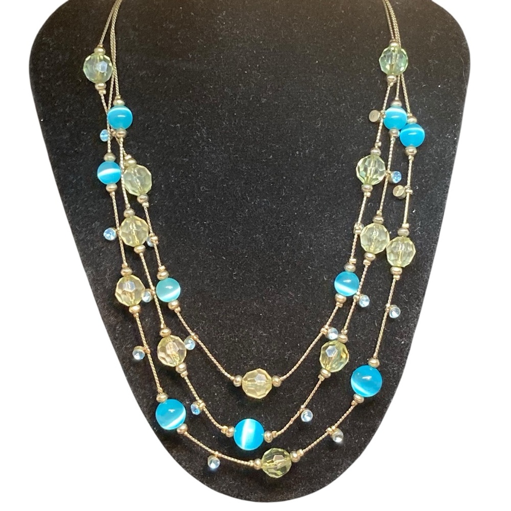 Multi- Strand Layered Necklace Blue Cat Eye & Faceted Beads Gold Tone